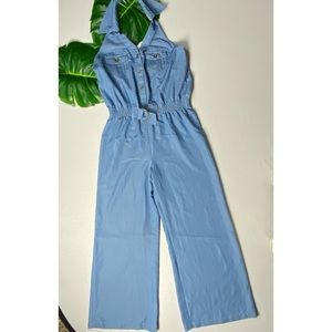 Wide leg light blue halter jumpsuit